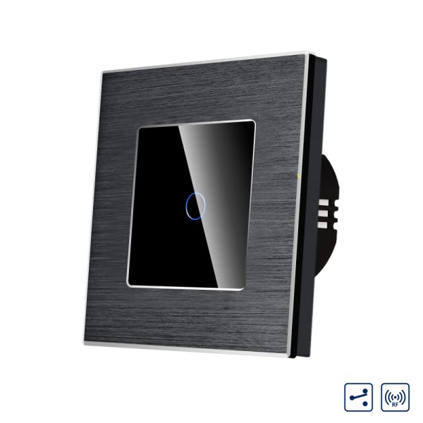 Intrerupator Simplu Cap Scara / Cruce cu Touch din Sticla si Rama de Aluminiu LUXION, RF433