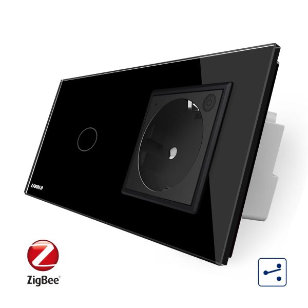 Intrerupator simplu cap scara / cap cruce ZigBee + priza simpla Livolo ZigBee, Rama din sticla, Control de pe telefon
