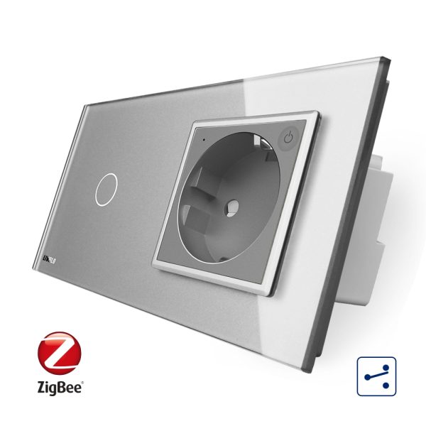 Intrerupator simplu cap scara / cap cruce ZigBee + priza simpla Livolo ZigBee, Rama din sticla, Control de pe telefon