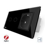 Intrerupator dublu cap scara / cap cruce, ZigBee + priza simpla Livolo ZigBee, rama din sticla, Control de pe telefon