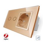 Intrerupator dublu cap scara / cap cruce, ZigBee + priza simpla Livolo ZigBee, rama din sticla, Control de pe telefon