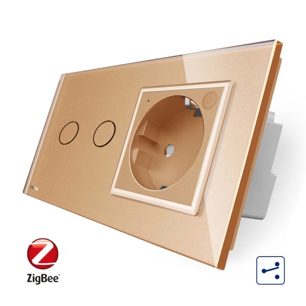 Intrerupator dublu cap scara / cap cruce, ZigBee + priza simpla Livolo ZigBee, rama din sticla, Control de pe telefon