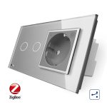 Intrerupator dublu cap scara / cap cruce, ZigBee + priza simpla Livolo ZigBee, rama din sticla, Control de pe telefon