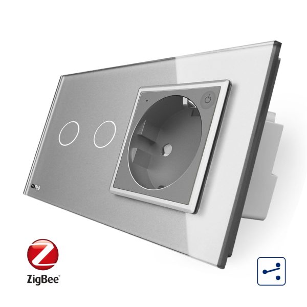 Intrerupator dublu cap scara / cap cruce, ZigBee + priza simpla Livolo ZigBee, rama din sticla, Control de pe telefon