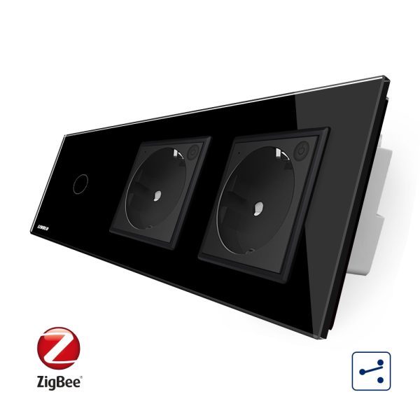 Intrerupator LIVOLO simplu ZigBee cap scara / cap cruce cu touch si 2 prize ZigBee din sticla, Control de pe telefon