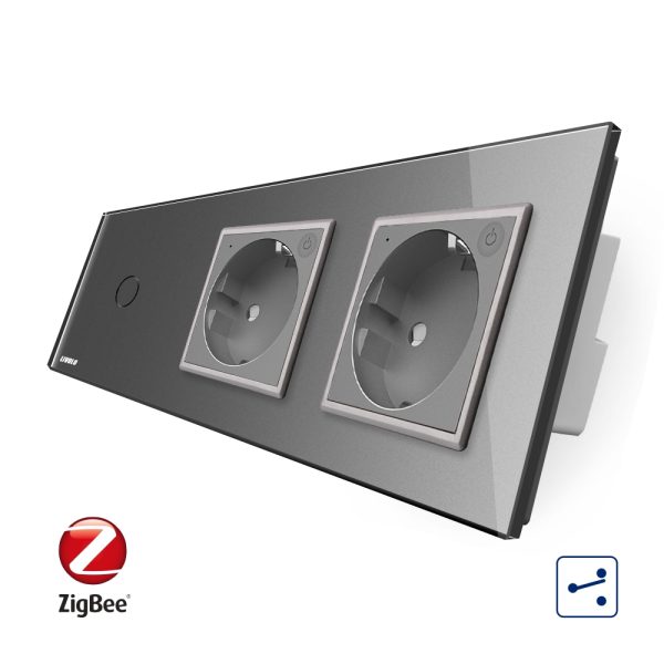 Intrerupator LIVOLO simplu ZigBee cap scara / cap cruce cu touch si 2 prize ZigBee din sticla, Control de pe telefon