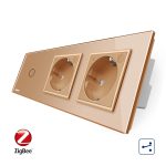 Intrerupator LIVOLO simplu ZigBee cap scara / cap cruce cu touch si 2 prize ZigBee din sticla, Control de pe telefon