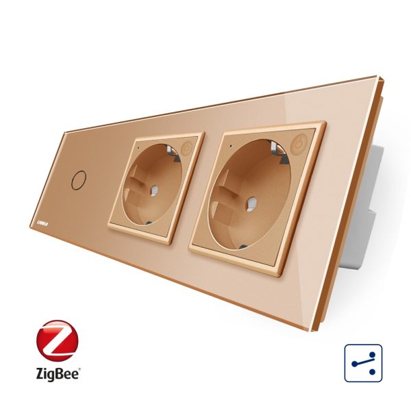 Intrerupator LIVOLO simplu ZigBee cap scara / cap cruce cu touch si 2 prize ZigBee din sticla, Control de pe telefon