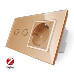 Intrerupator dublu ZigBee + priza simpla ZigBee Livolo, rama din sticla, Control de pe telefon