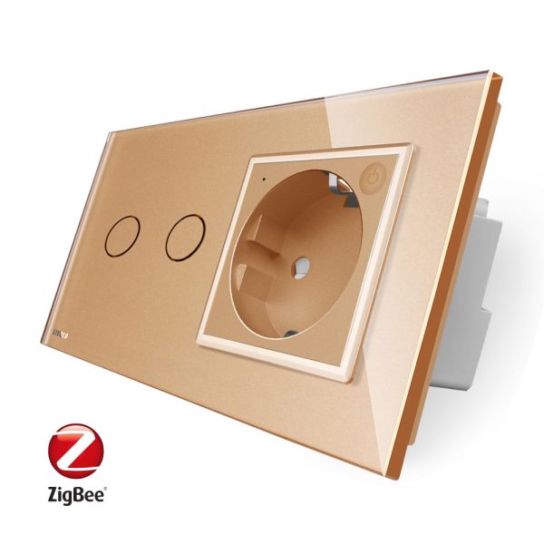 Intrerupator dublu ZigBee + priza simpla ZigBee Livolo, rama din sticla, Control de pe telefon