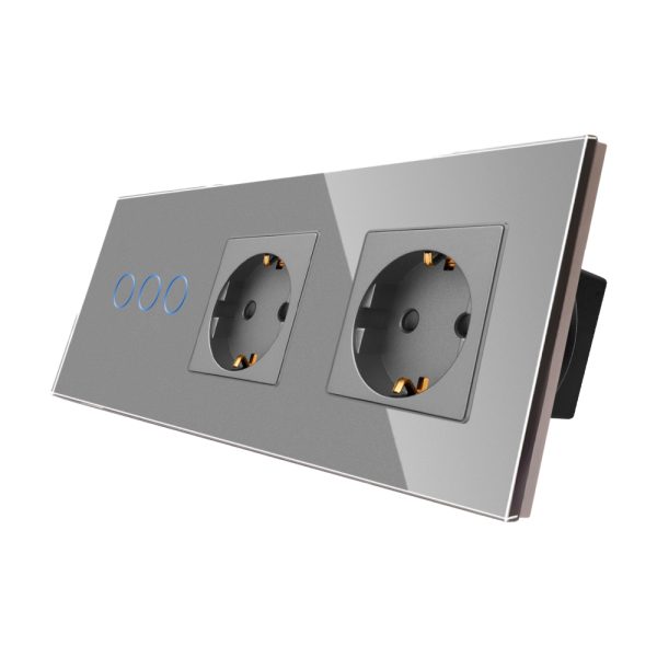 Intrerupator Triplu + 2 Prize cu Rama din Sticla LUXION