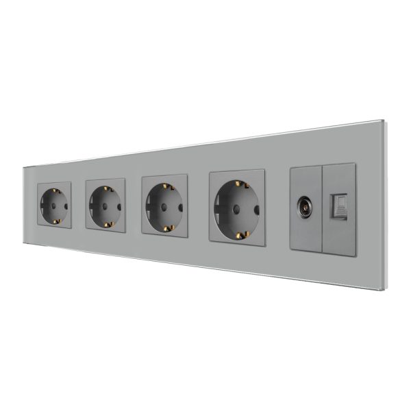 Priza Cvadrupla Schuko + TV + Internet cu Rama Din Sticla LUXION