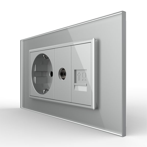 Priza Dubla Livolo cu Rama din Sticla 1 Priza Schuko+TV/internet, Standard Italian – Serie Noua
