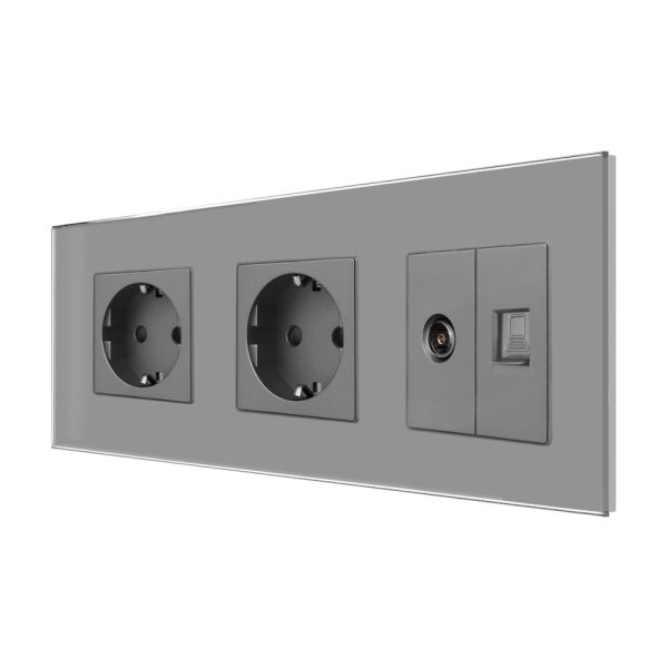 Priza Dubla Schuko + TV + Internet cu Rama Din Sticla LUXION