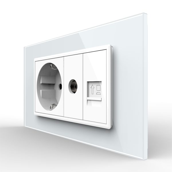 Priza Dubla Livolo cu Rama din Sticla 1 Priza Schuko+TV/internet, Standard Italian – Serie Noua