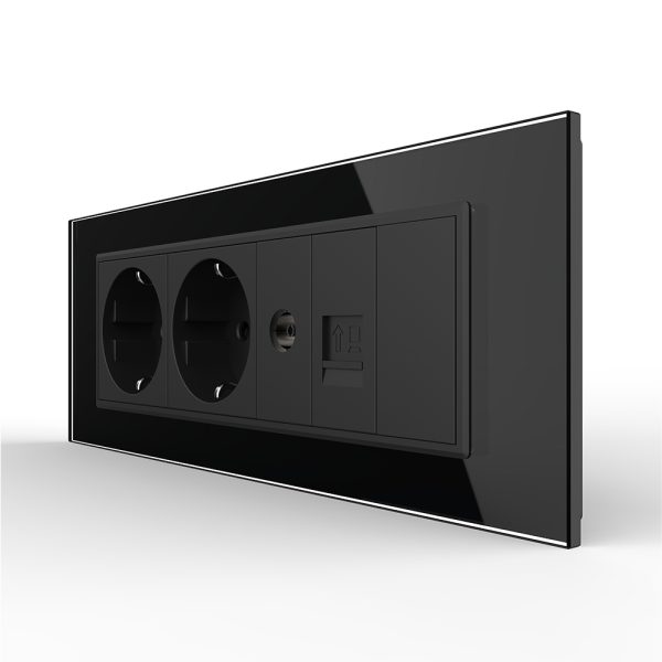Priza Tripla cu Blank Livolo cu Rama din Sticla 2 Prize Schuko+TV/internet, Standard Italian – Serie Noua