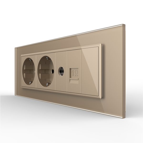 Priza Tripla cu Blank Livolo cu Rama din Sticla 2 Prize Schuko+TV/internet, Standard Italian – Serie Noua
