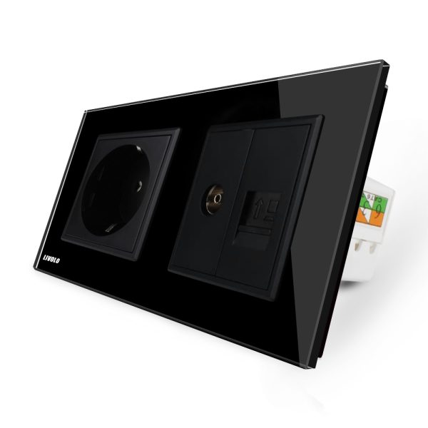 Priza dubla Livolo cu rama din sticla 1 priza Schuko+TV/internet