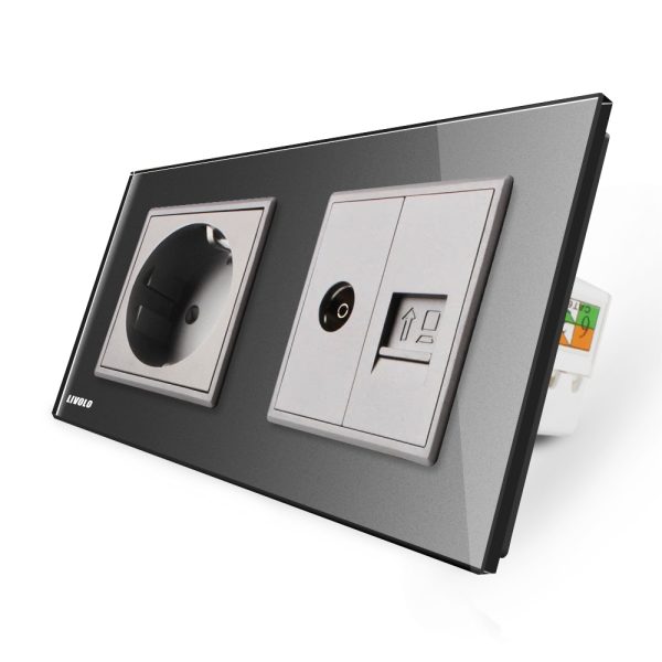 Priza dubla Livolo cu rama din sticla 1 priza Schuko+TV/internet