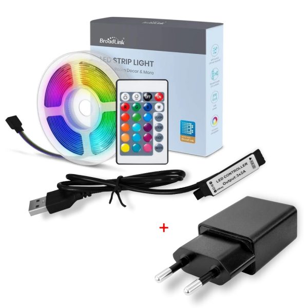 Pachet banda LED BroadLink + Adaptor, Lungime 3m, Aplicatie, Control vocal, Telecomanda
