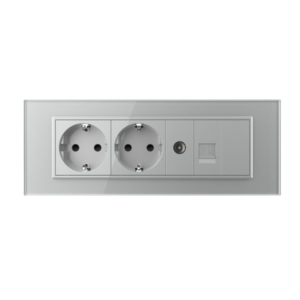 Priza Tripla cu Blank Livolo cu Rama din Sticla 2 Prize Schuko+TV/internet, Standard Italian – Serie Noua
