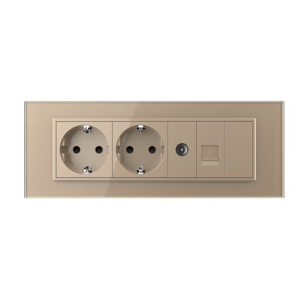 Priza Tripla cu Blank Livolo cu Rama din Sticla 2 Prize Schuko+TV/internet, Standard Italian – Serie Noua
