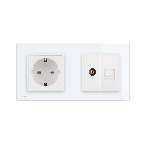 Priza dubla Livolo cu rama din sticla 1 priza Schuko+TV/internet