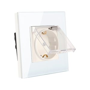 002-priza-simpla-cu-capac-de-protectie-luxion-cu-rama-din-sticla-lx-1mp049g-w-alb