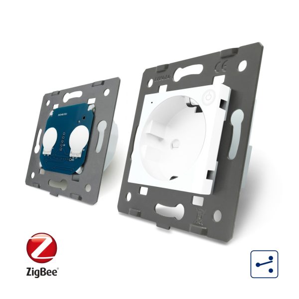 Intrerupator dublu cap scara / cap cruce, ZigBee + priza simpla Livolo ZigBee, rama din sticla, Control de pe telefon