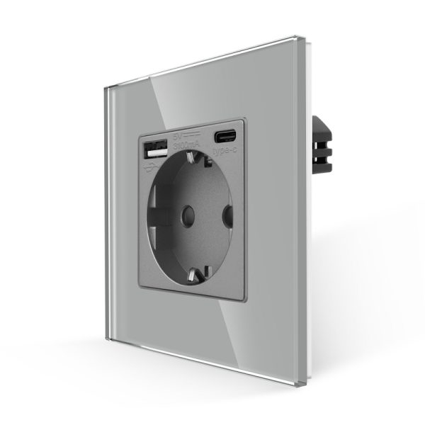 Priza Simpla + USB-A + USB-C LUXION cu Rama din Sticla