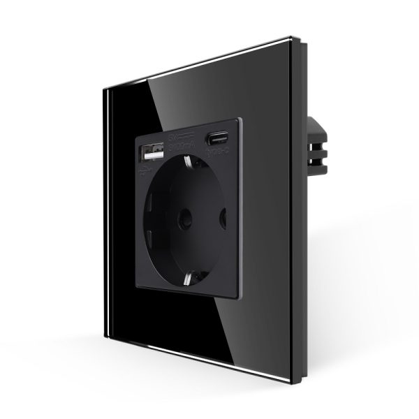 Priza Simpla + USB-A + USB-C LUXION cu Rama din Sticla