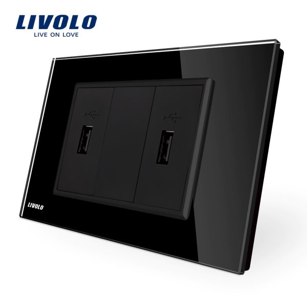 Priza dubla USB Livolo cu rama din sticla – standard italian