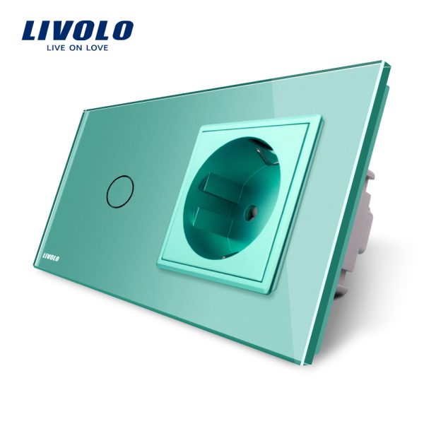 Intrerupator simplu cap scara / cap cruce + priza simpla Livolo rama din sticla
