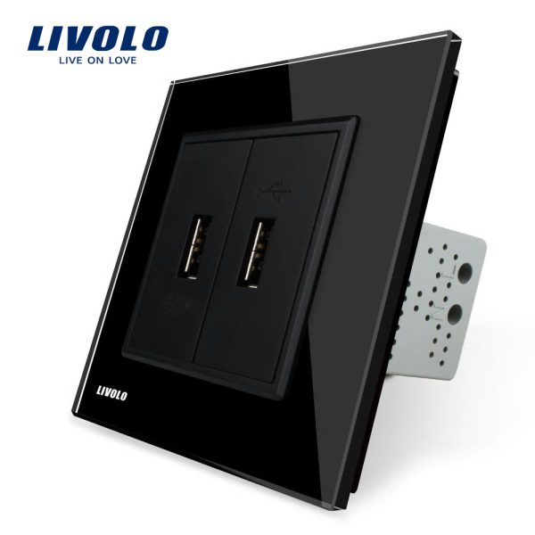 Priza dubla USB Livolo cu rama din sticla