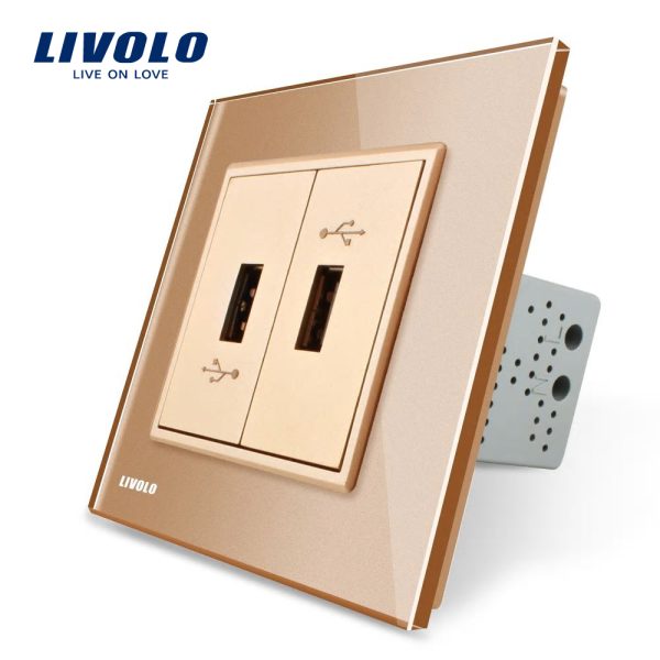 Priza dubla USB Livolo cu rama din sticla