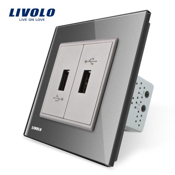 Priza dubla USB Livolo cu rama din sticla