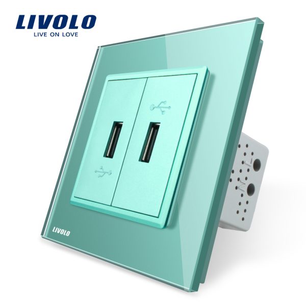 Priza dubla USB Livolo cu rama din sticla