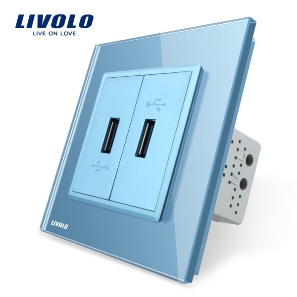 Priza dubla USB Livolo cu rama din sticla