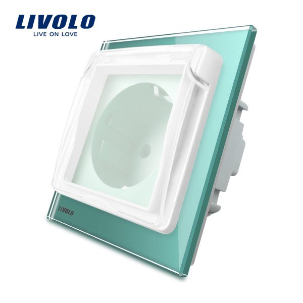 Priza simpla Livolo cu rama din sticla si capac de protectie rezistent la apa