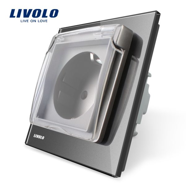 Priza simpla Livolo cu rama din sticla si capac de protectie rezistent la apa