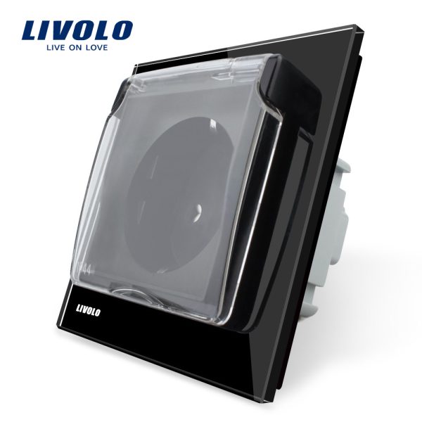 Priza simpla Livolo cu rama din sticla si capac de protectie rezistent la apa