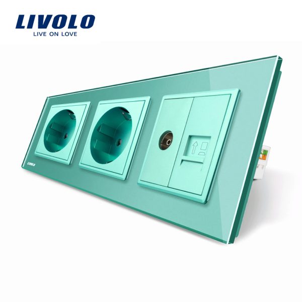 Priza tripla Livolo cu rama din sticla 2 prize simple+TV/internet