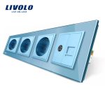 Priza cvadrupla Livolo cu rama din sticla 3 prize simple+TV/internet