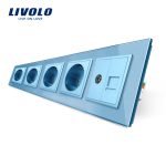 Priza cvintupla + priza TV Internet Livolo cu rama din sticla