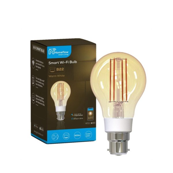Bec inteligent LED Wireless Homeflow B-5008, B22, 5.5W (40W), 500lm, dimabil, filament, lumina calda, Control de pe telefonul mobil