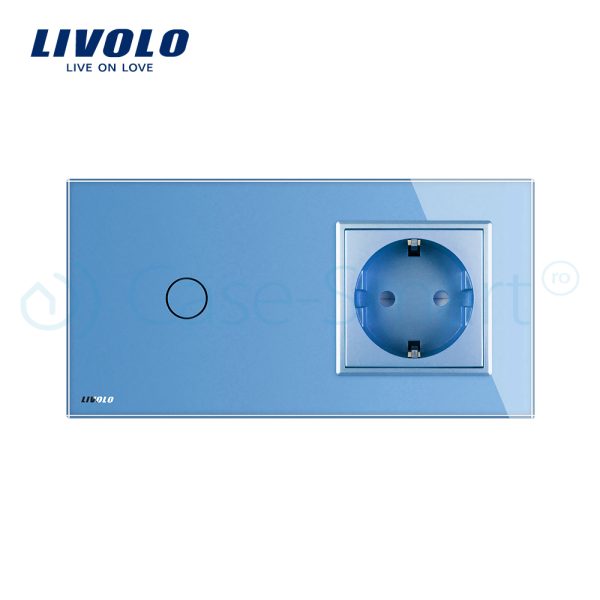 Intrerupator simplu cap scara / cap cruce + priza simpla Livolo rama din sticla