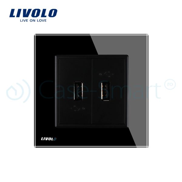 Priza dubla USB Livolo cu rama din sticla