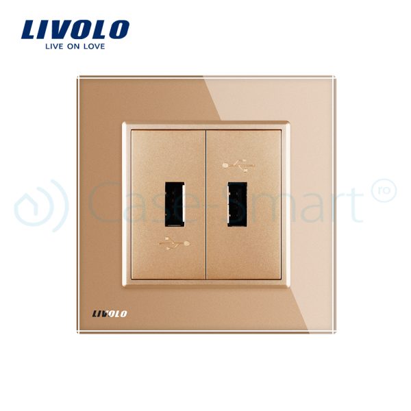 Priza dubla USB Livolo cu rama din sticla