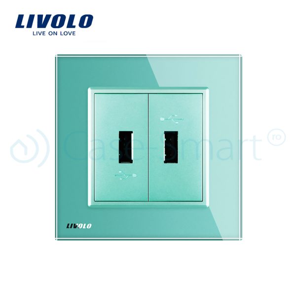Priza dubla USB Livolo cu rama din sticla