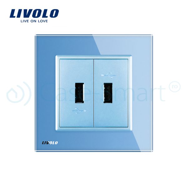 Priza dubla USB Livolo cu rama din sticla